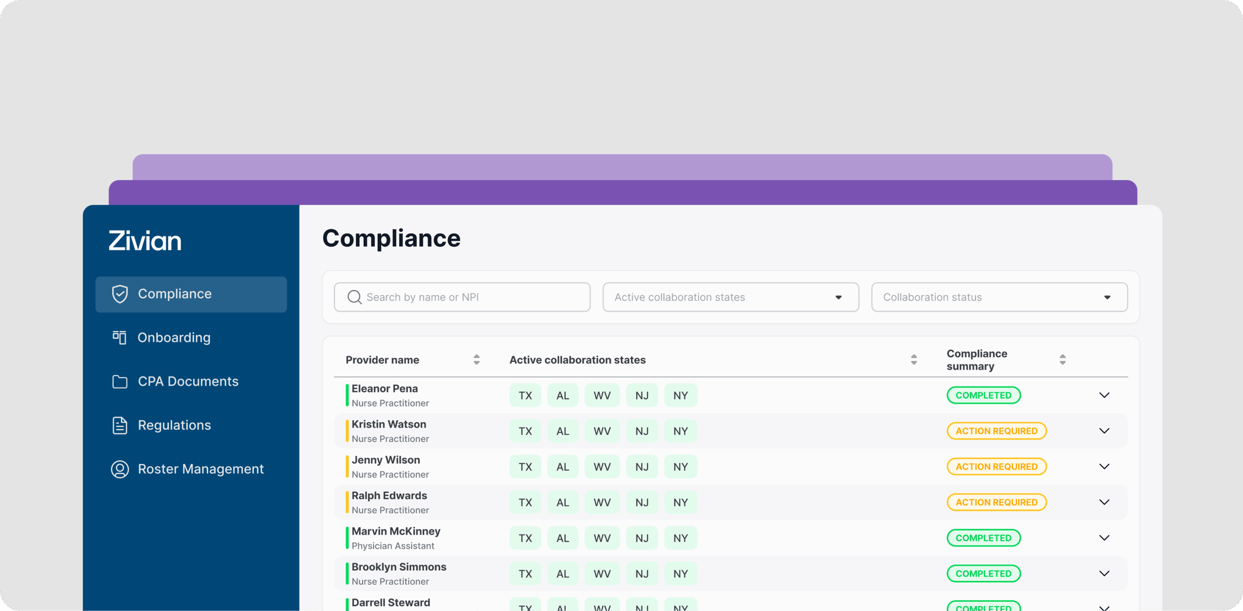 Zivian Health platform compliance dashboard